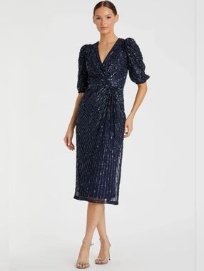 Mac Duggal 5578 Midnight Navy Sequined V-Neck Short Puff Sleeve Midi Dress SZ 12